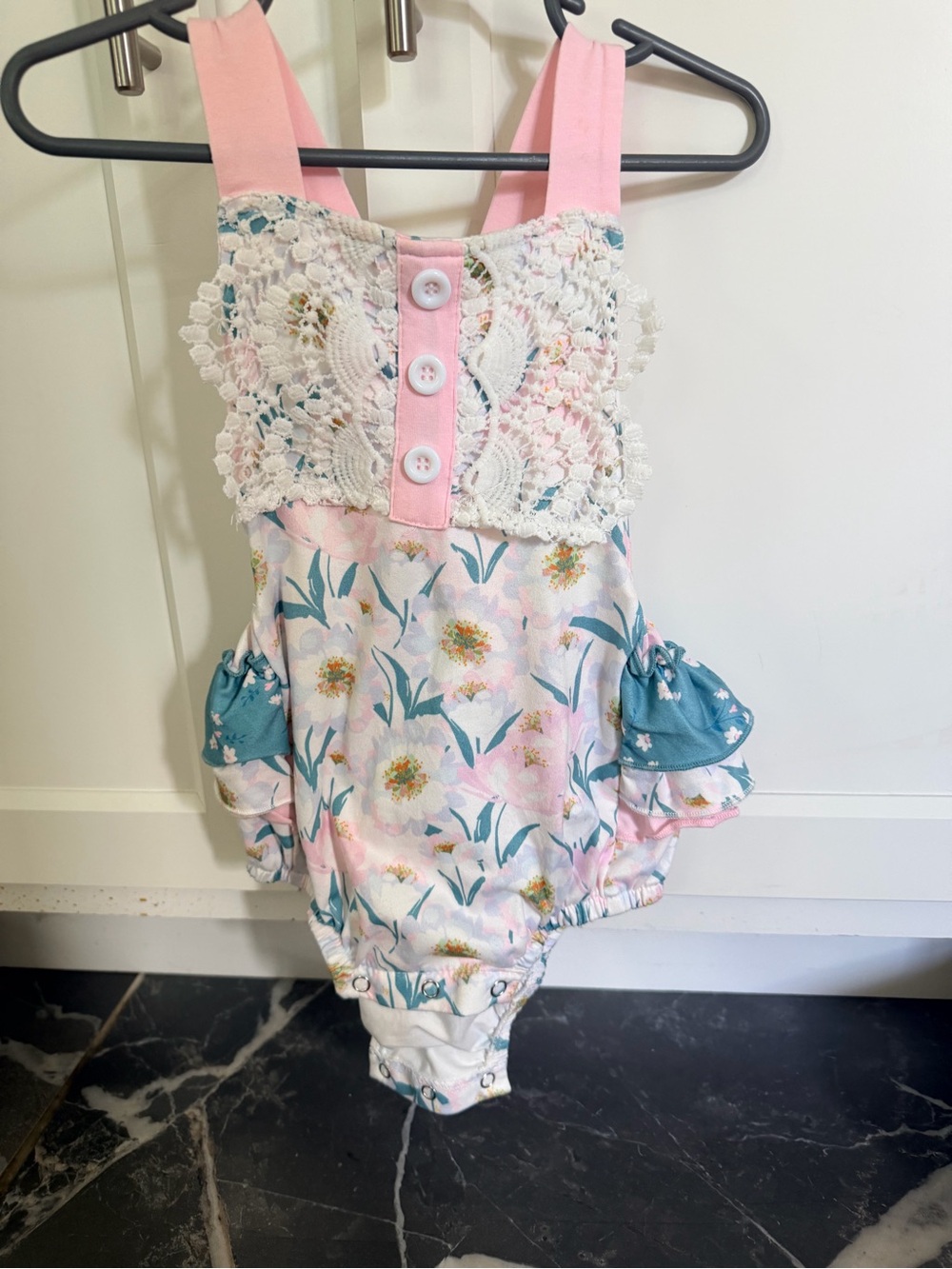 Baby Girls Pink Floral Lace One-Piece Romper